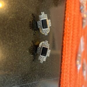 Sterling Silver Rectangular Black Onyx Marcasite Earrings